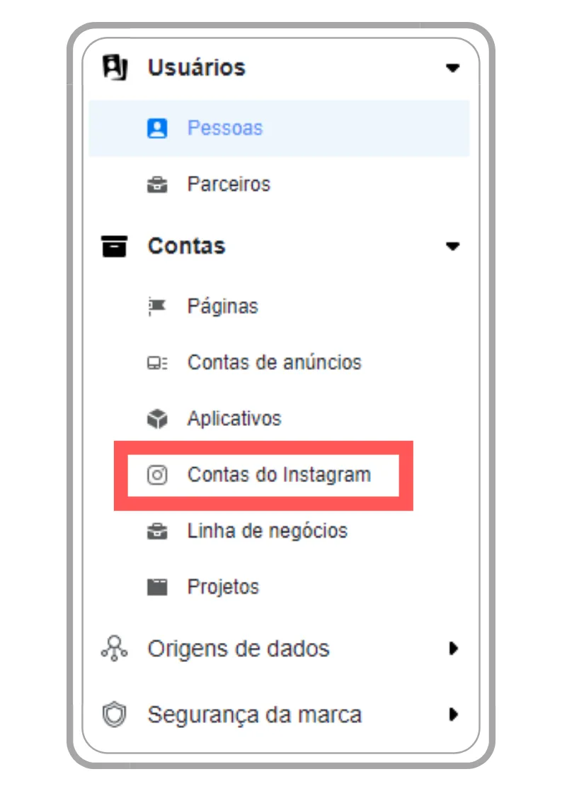 Menu do Gerenciador de Negócios do Facebook com a opção Contas do Instagram destacada, no bloco Contas