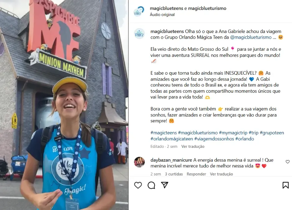 Post da agência Magic Blue Turismo no Instagram com foto de uma viajante do grupo teen em frente à atração Minion Mayhem, em Orlando