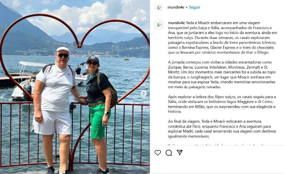 Post no Instagram de casal de clientes em viagem pela Suíça e Itália, posando em frente a uma escultura de coração à beira de um lago