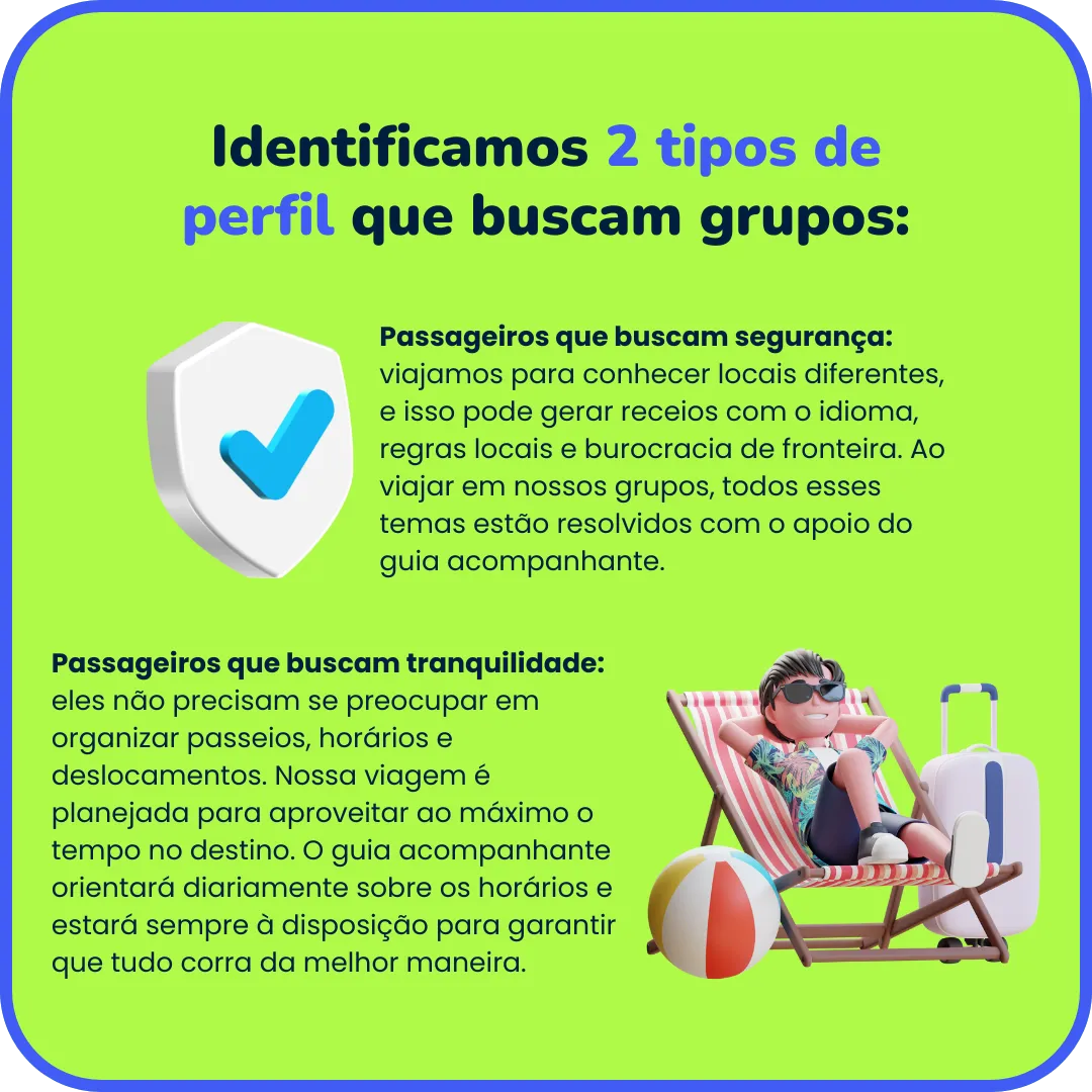 Card com dois perfis de passageiros que buscam viagens em grupo: os que buscam segurança e os que buscam tranquilidade