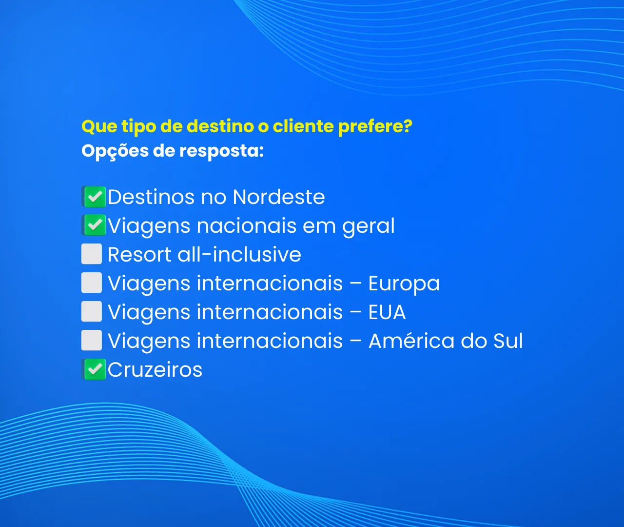 Exemplo de segmentação por tipo de destino preferido, com opções como Nordeste, viagens nacionais, resorts, destinos internacionais e cruzeiros