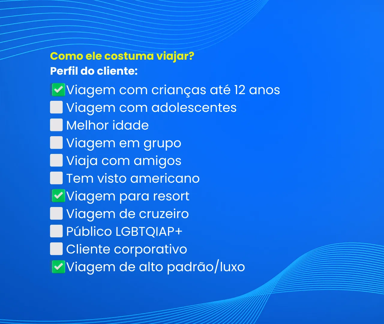 Exemplo de segmentação por perfil do cliente, com opções como viagem com crianças, em grupo, para resort, cruzeiro, corporativo e alto padrão