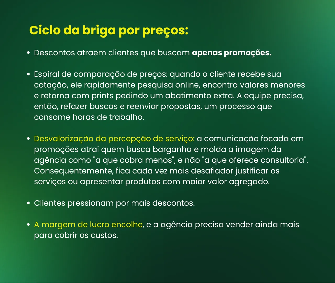 Card sobre o ciclo da briga por preços: descontos atraem clientes que só buscam promoções, o serviço é desvalorizado e a margem de lucro encolhe