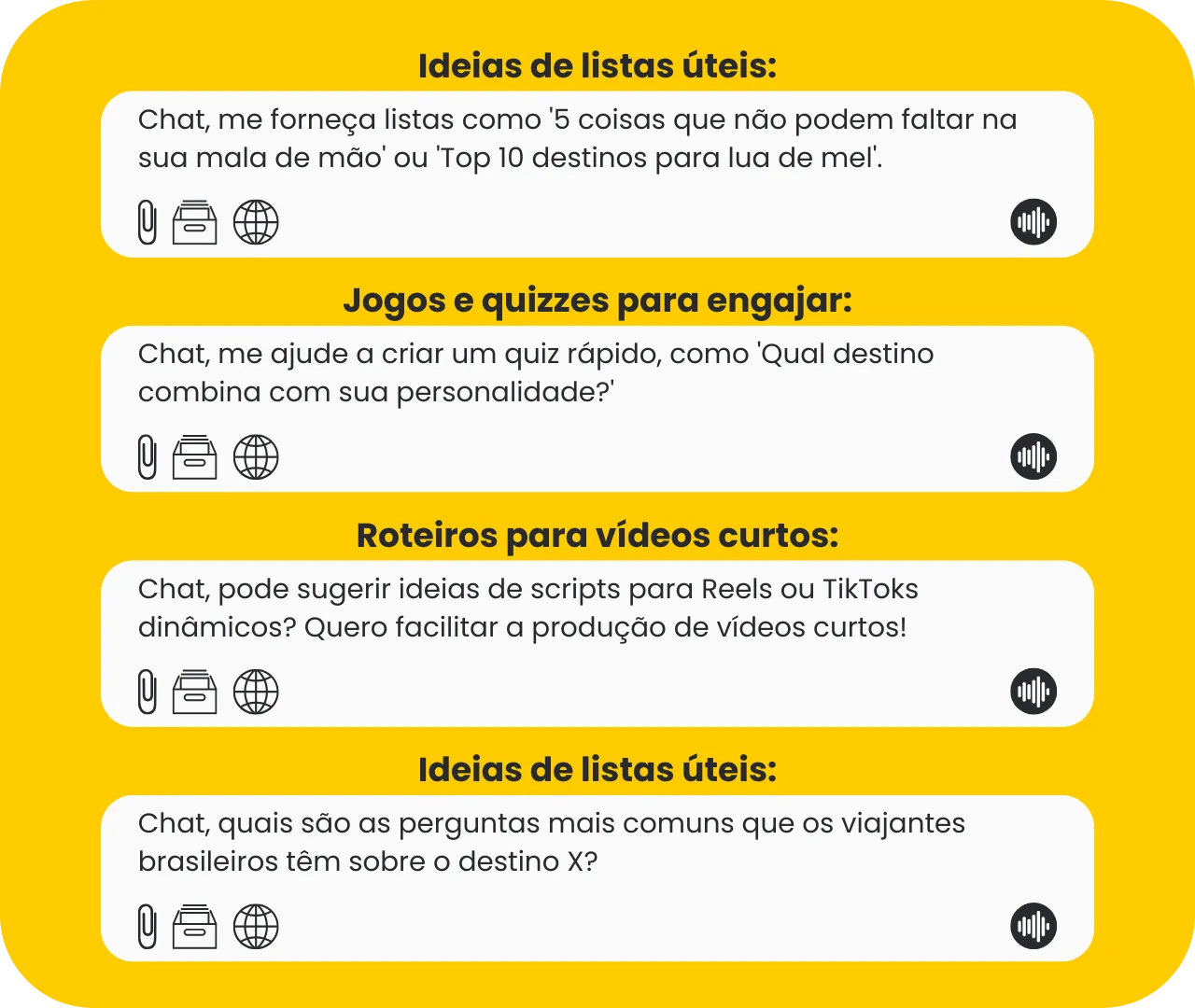 Exemplos de pedidos ao ChatGPT para criar listas úteis, quizzes e roteiros de vídeos curtos para a agência