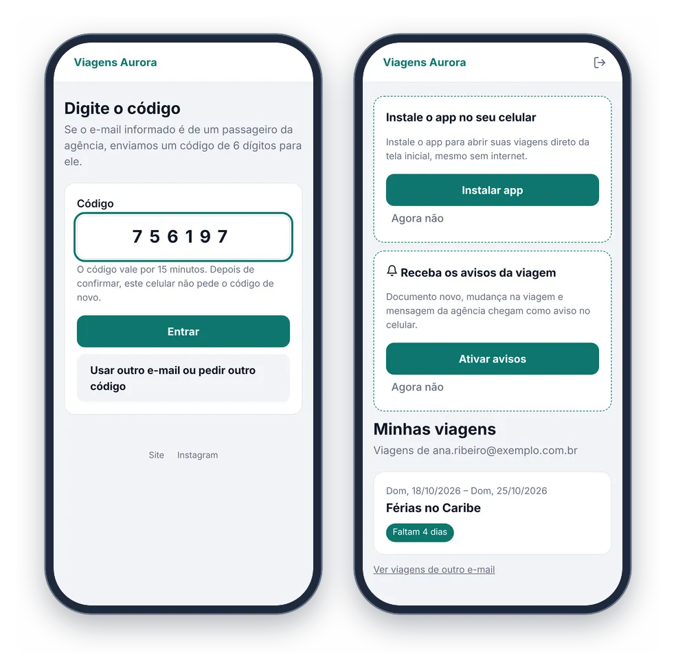 Dois celulares com o app: a tela para digitar o código recebido por e-mail, e a lista de viagens com os convites para instalar o app e ativar os avisos