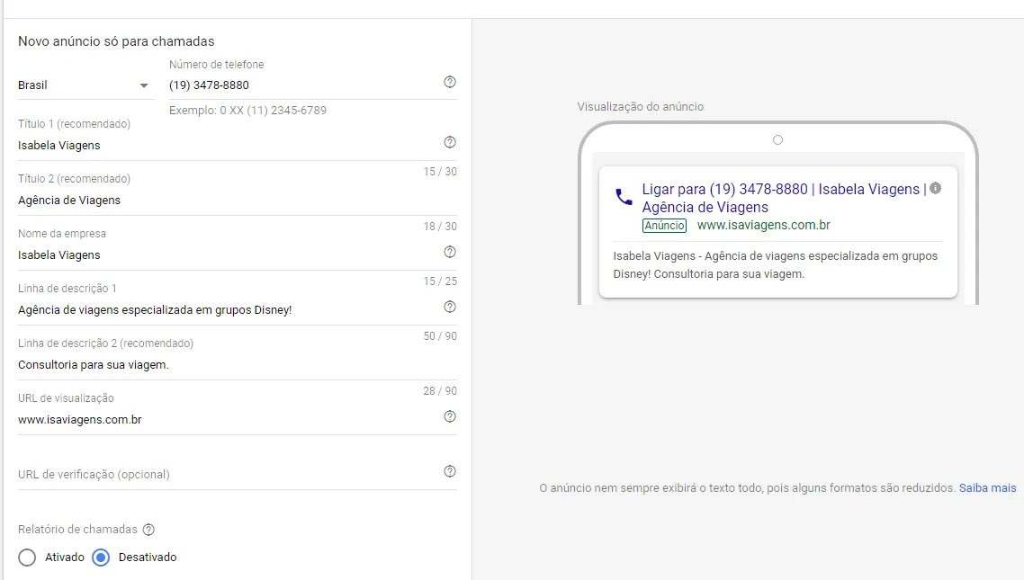 Tela do Google Ads com o formulário de novo anúncio só para chamadas e a pré-visualização do anúncio “Ligar para (19) 3478-8880 | Isabela Viagens”