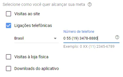 Tela do Google Ads: em “Selecione como você quer alcançar sua meta”, a opção “Ligações telefônicas” está marcada com o número 0 55 (19) 3478-8880