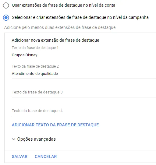Tela do Google Ads para criar extensões de frase de destaque no nível da campanha, com os textos “Grupos Disney” e “Atendimento de qualidade”