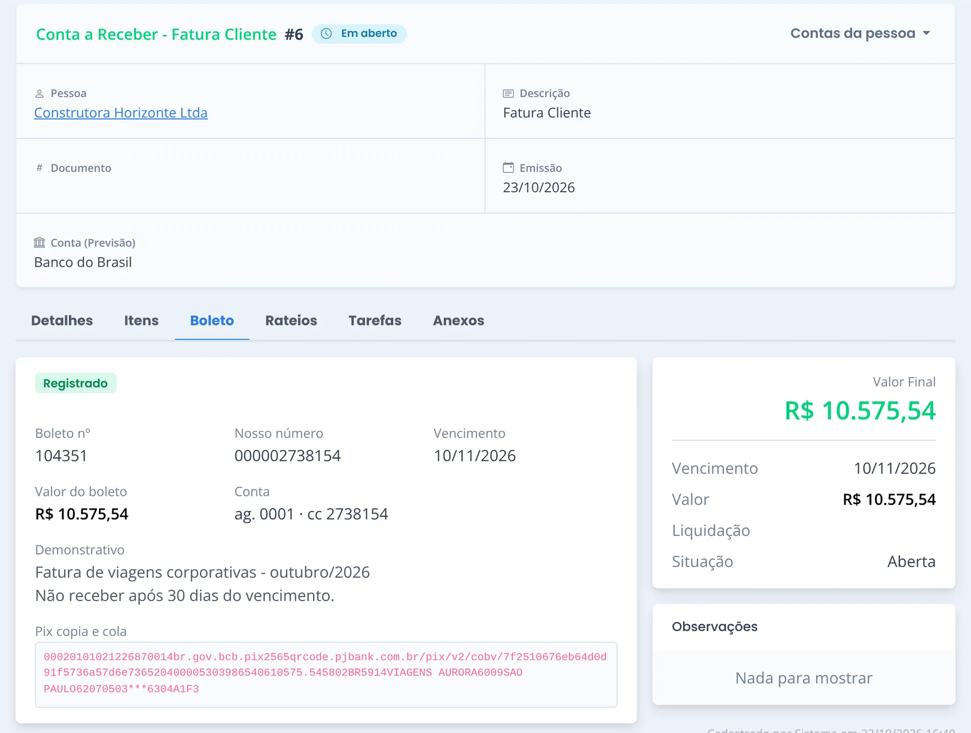 Aba Boleto de uma fatura de cliente no Monde Web: boleto registrado, com número, nosso número, vencimento, valor, conta, demonstrativo e o código Pix copia e cola