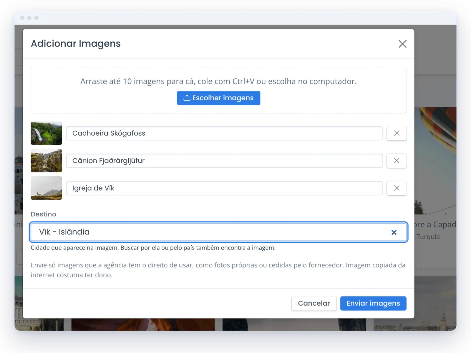 Janela Adicionar Imagens com três fotos da Islândia, cada uma com o seu nome, e o destino Vík, Islândia, escolhido para o envio