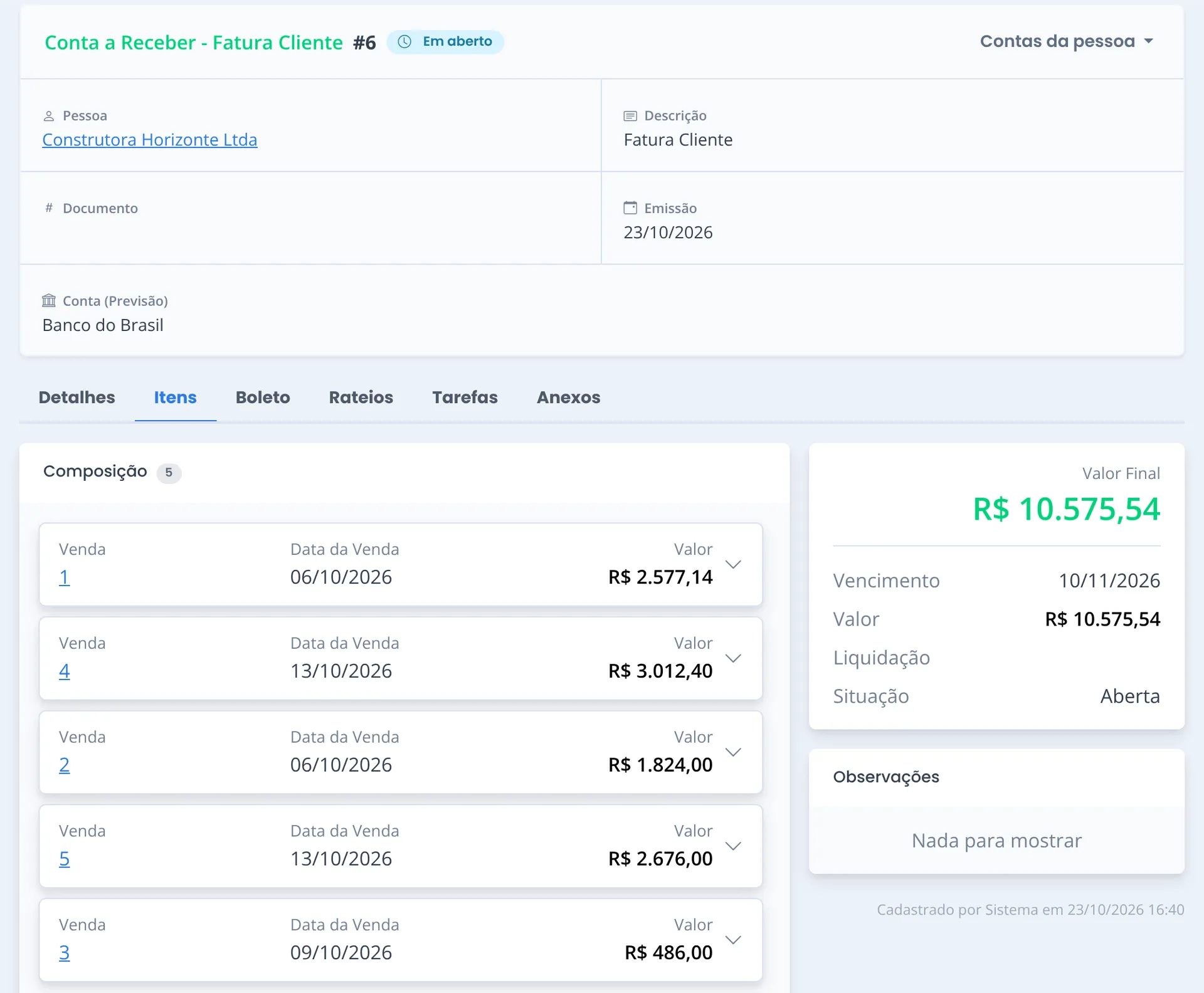Fatura de cliente no Monde Web: a conta a receber de uma empresa reúne as vendas do período, com vencimento e valor final