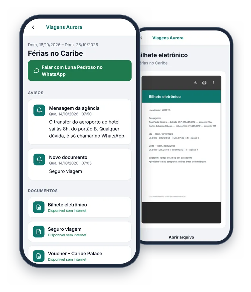 App do passageiro aberto em dois celulares: a viagem Férias no Caribe, com o botão para falar com o vendedor no WhatsApp, os avisos e os documentos, e o bilhete eletrônico aberto no app