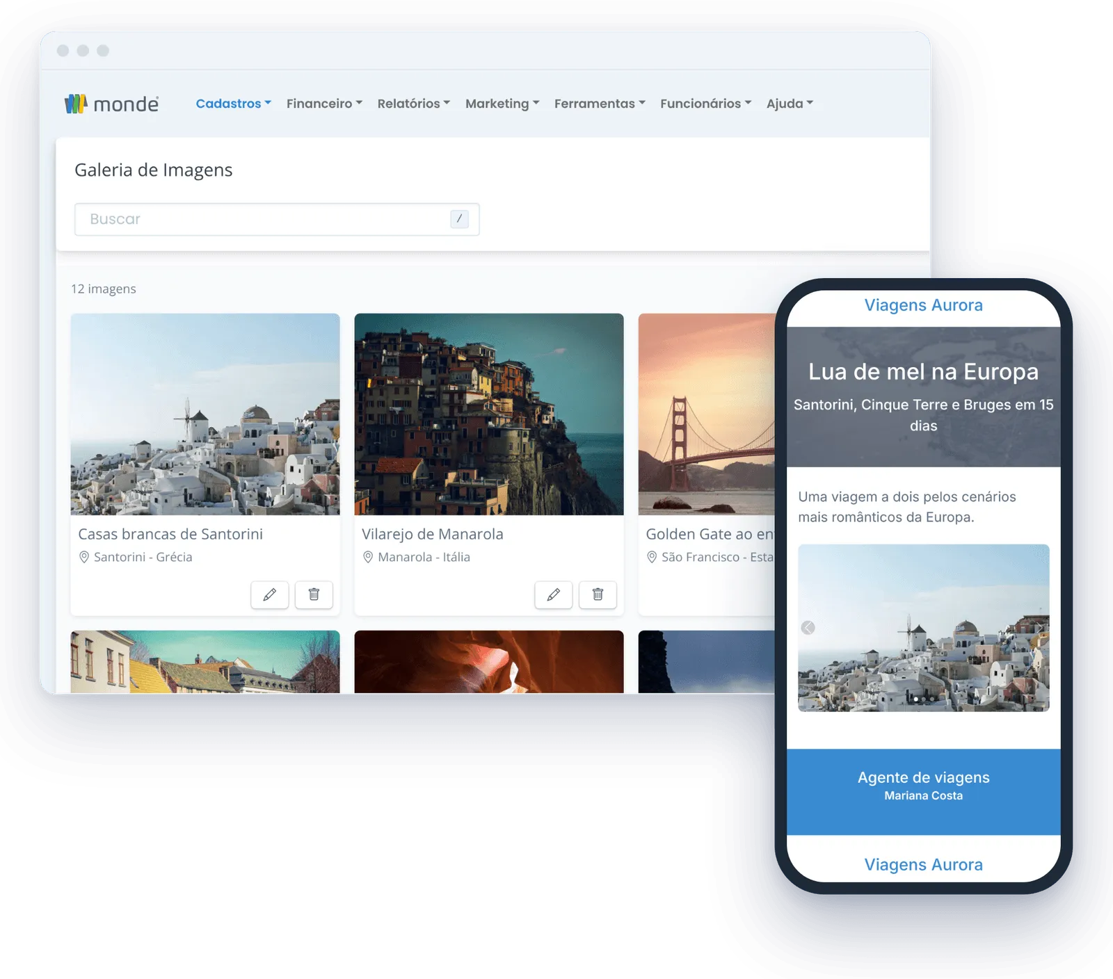 Galeria de Imagens do Monde Web com fotos de Santorini, Manarola, São Francisco, Capadócia, Bruges e outros destinos, e um celular com o orçamento Lua de mel na Europa mostrando a foto de Santorini num carrossel