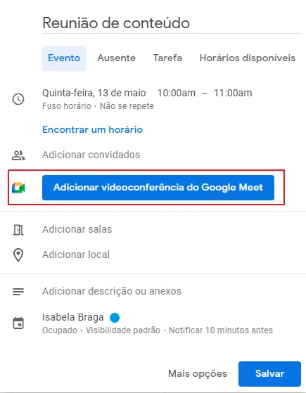 tela do google agenda mostrando como agendar reuniões no home office