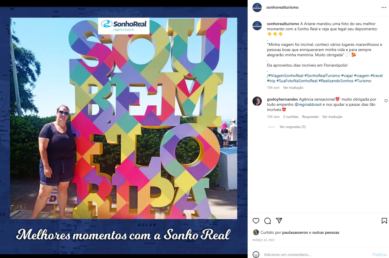 print do instagram da sonho real com feedback de viajantes, mostrando como fazer marketing de influência