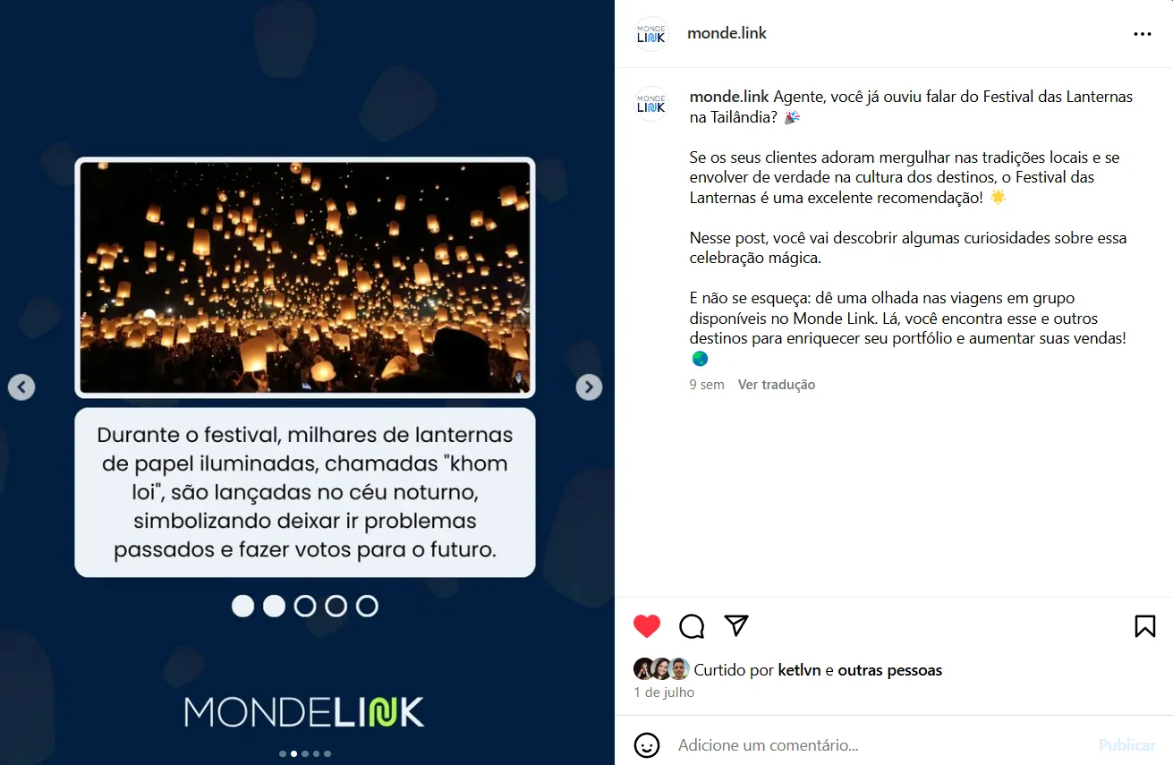 post retirado do Instagram do Monde Link sobre o festival das lanternas na Tailândia, usado como exemplo do que divulgar sobre viagens em grupo