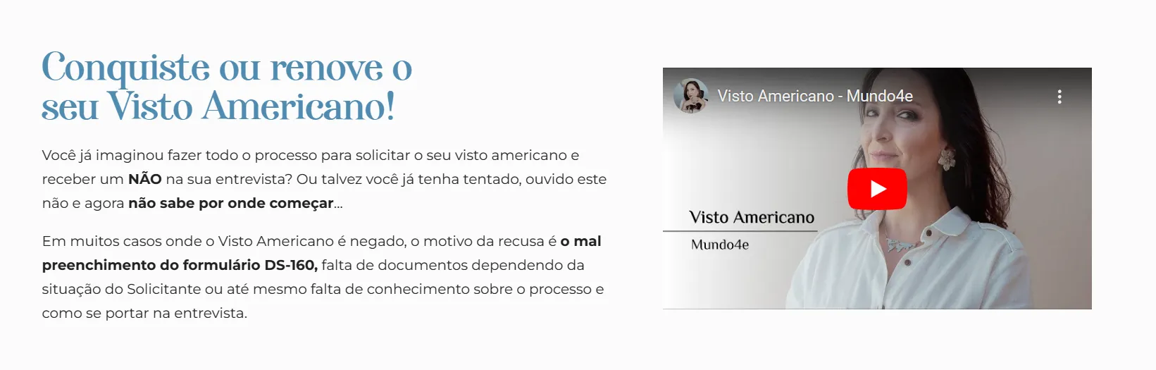 site da agencia mundo 4e mostrando o serviço de consultoria de visto americano