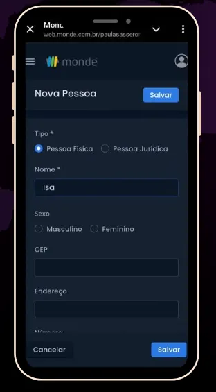 Tela de cadastro de nova pessoa no Monde, aberta no celular