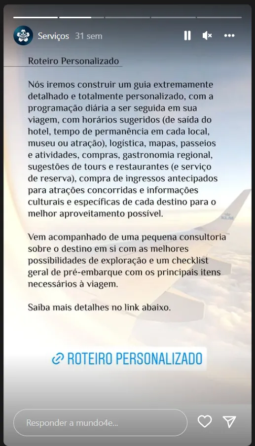 Story do Instagram de uma agência apresentando o serviço de roteiro personalizado, com link para saber mais