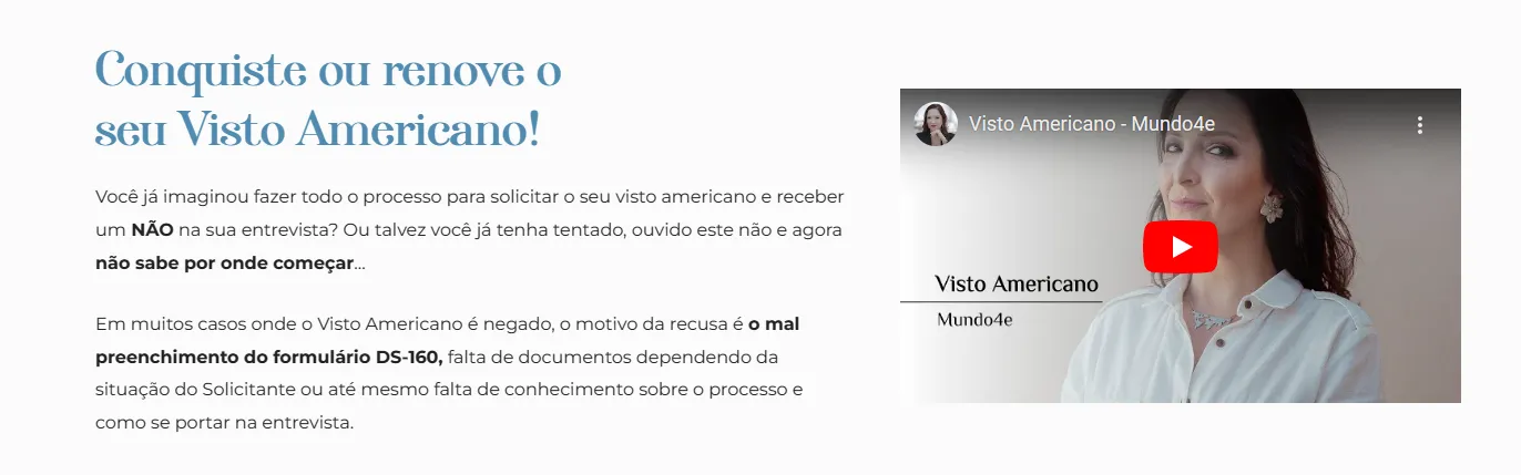 print do site da mundo4e, explicando o serviço de visto americano