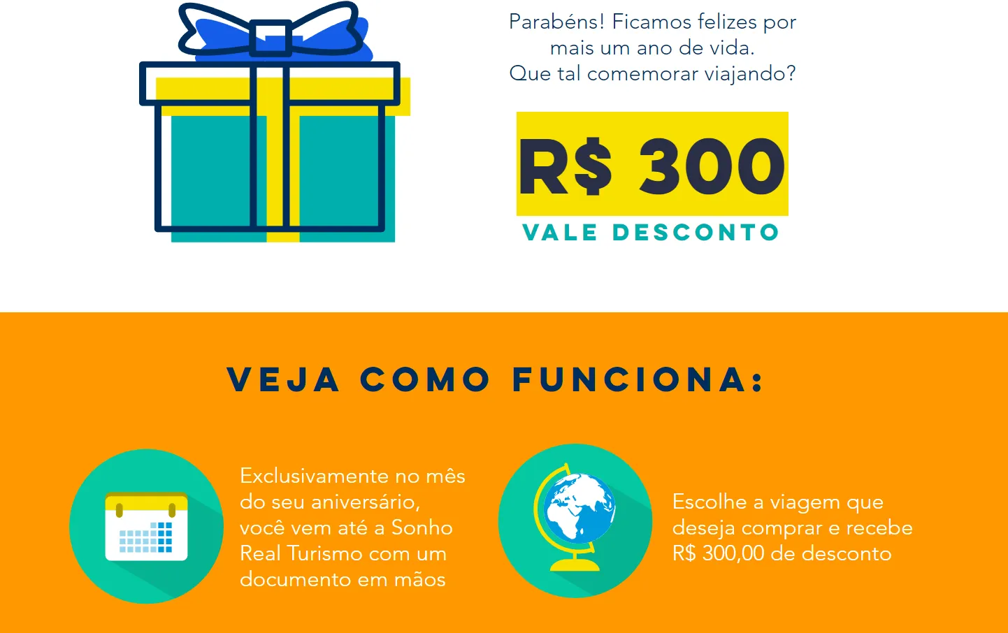 Exemplo de campanha de aniversário de agência: vale desconto de R$ 300 para viajar no mês do aniversário
