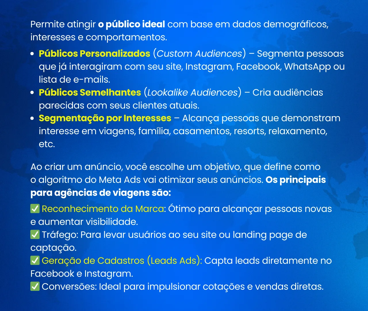 informações de público e objetivos de anúncio do marketing para agências de viagens