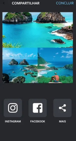 Tela de aplicativo de colagem com fotos de praia e opções para compartilhar no Instagram e no Facebook