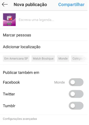 Tela de nova publicação do Instagram com a opção de adicionar localização