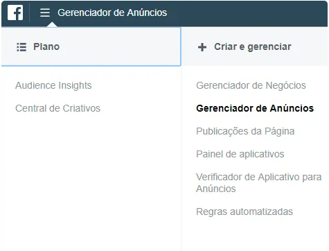 Menu do Facebook com a opção Gerenciador de Anúncios, em Criar e gerenciar