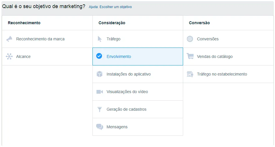 Tela de escolha do objetivo de marketing no Gerenciador de Anúncios, com as colunas reconhecimento, consideração e conversão