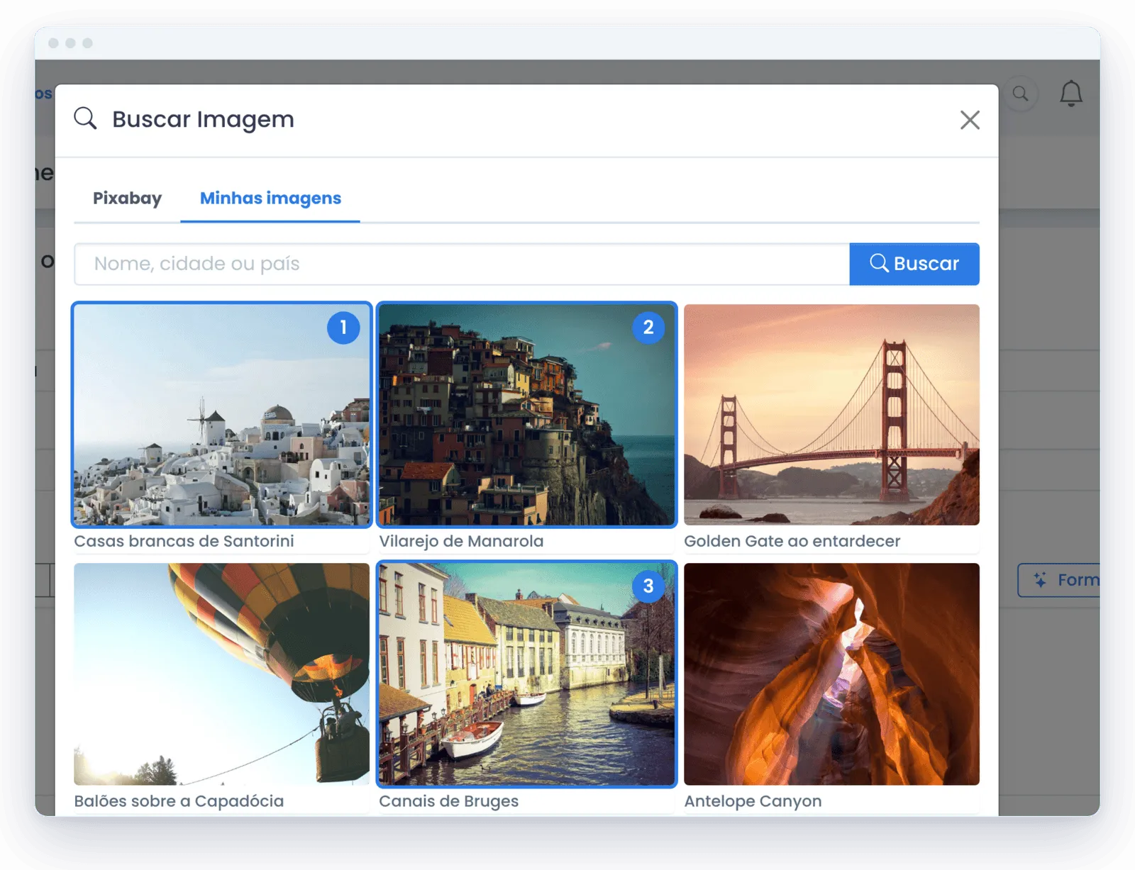 Janela Buscar Imagem do orçamento na aba Minhas imagens, com as fotos de Santorini, Manarola e Bruges marcadas com os números 1, 2 e 3