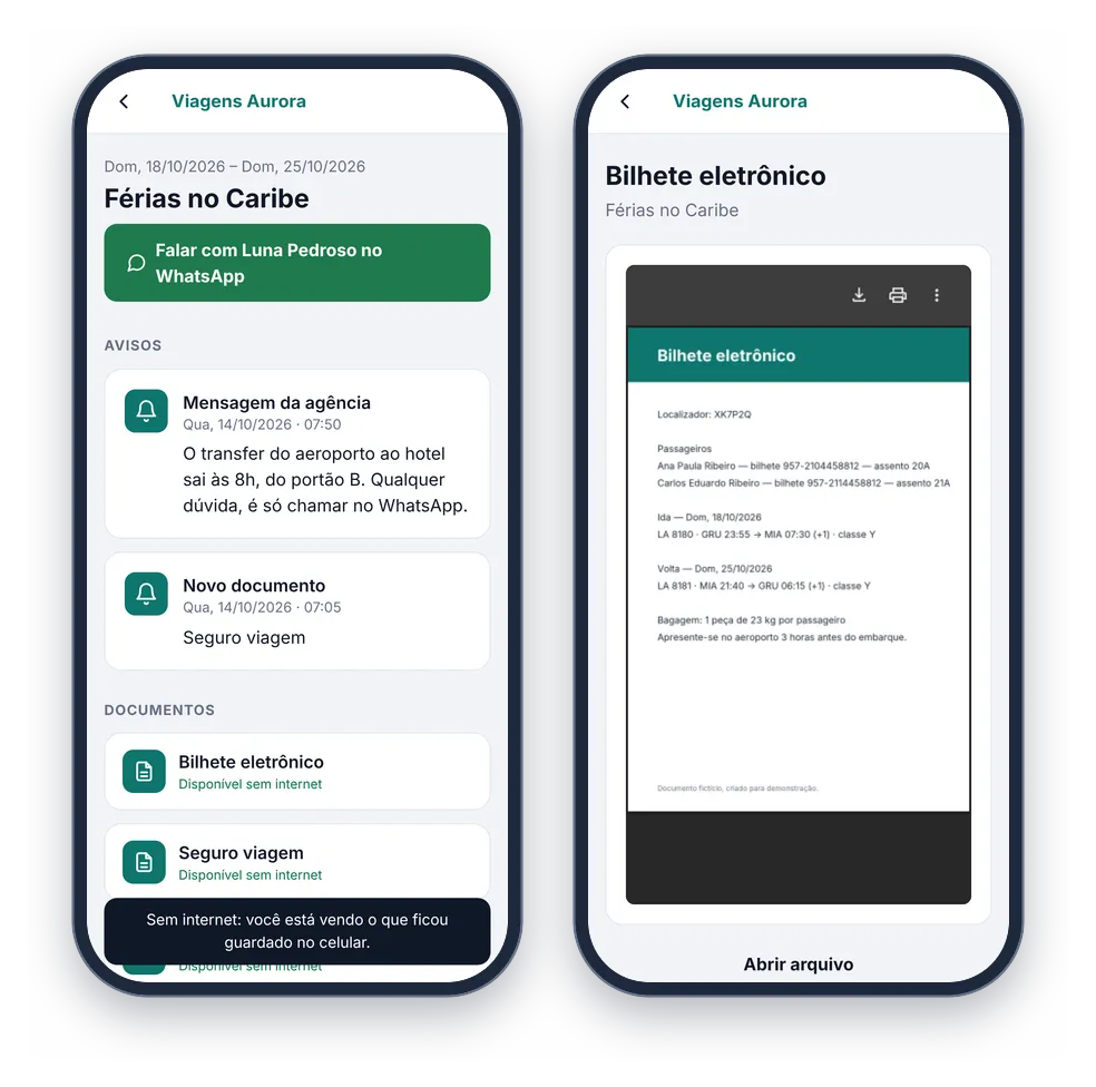 Dois celulares com o app sem internet: a viagem com o aviso de que o passageiro está vendo o que ficou guardado no celular, e o bilhete eletrônico aberto