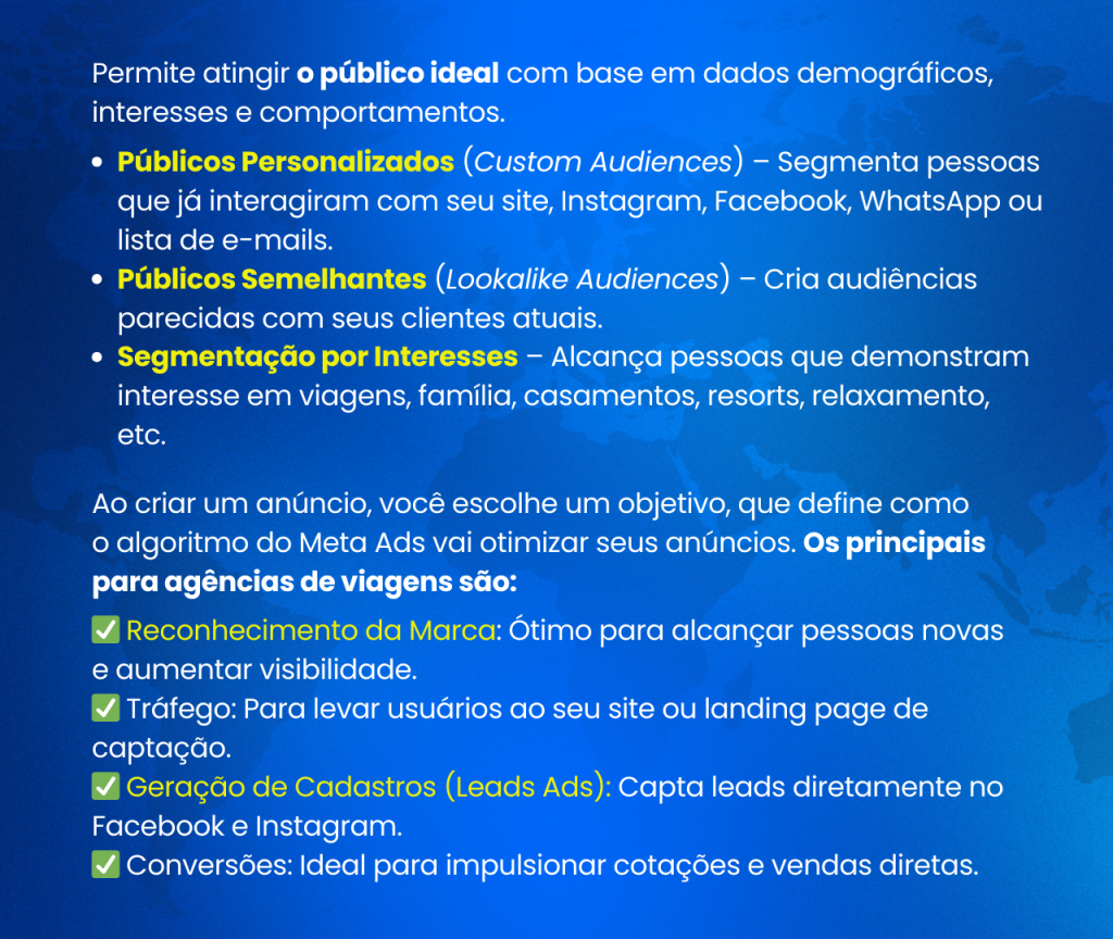 informações de público e objetivos de anúncio do marketing para agências de viagens 